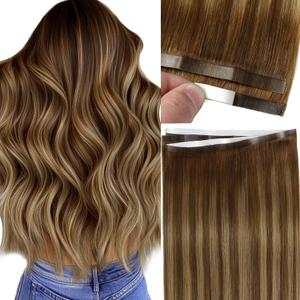Loxxy DIY Long Human Hair Tape in Extensions - Wide Blonde Tape in Hair Extensions Human Hair One Piece 50g - Balayage Chocolate Brown to Caramel Blonde, PU Wide Weft 31.5" (80cm), 20 Inch
