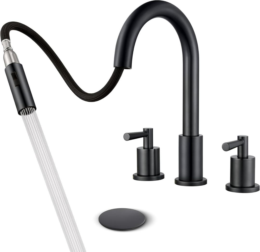 Black Bathroom Faucet 3 Hole - 8 Inch Matte Black Widespread Bathroom Faucet with Sprayer, Sink Faucet Bathroom 2 Handles - Pull Down Vanity Faucets with Pop Up Drain and Supply Lines