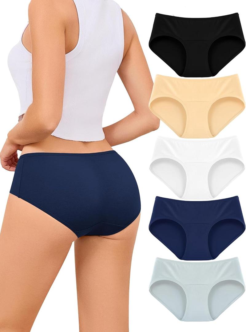voenxe Women Underwear Cotton Hipster Breathable Bikini Full Coverage Panties Comfortable Low Rise Ladies Briefs 5 Pack (Medium, Basics)