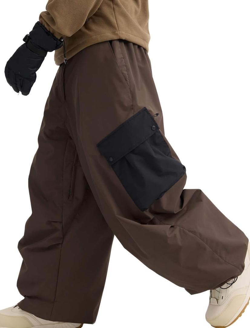GSOU SNOW Womens Mens Baggy Snow Pants Cargo Snowboard Pants Ski Super Loose Sport Outdoor Insulation Waterproof (Medium, Coffee Black)