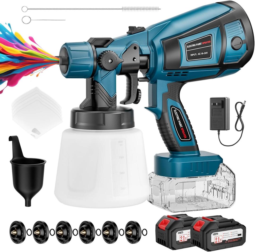 Paint Sprayer, 650W Cordless Paint Sprayer with Battery, 6 Brass Nozzles & 3 Spray Patterns, Electric Paint Sprayers for House Painting Graffiti Wall Fence Furniture DIY Projects