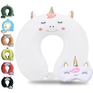 Sexysamba Cartoon Headrest & Neck Pillow for Kids Boys & Girls, Teens, Travel Accessories for Recline, Car, Airplane, Memory Foam Cute Travel Pillow with Sleep Eye Mask - White Unicorn