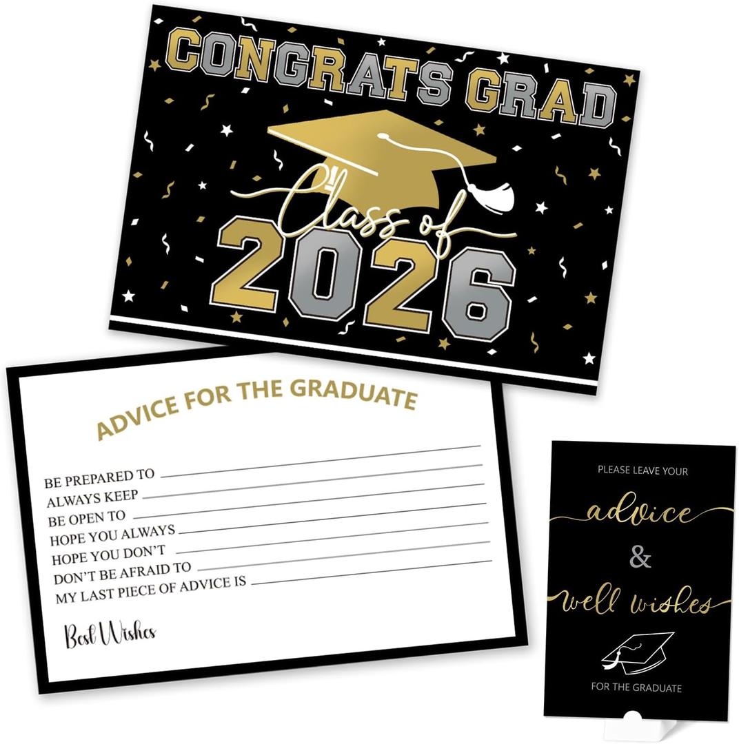 2 x 50PCs Graduation Wish & Advice Cards for Class of 2026 - Graduation Party Favors ，Graduation Decorations, Congrats Grad Graduation Cards to Cherish Memories（Black and Gold）