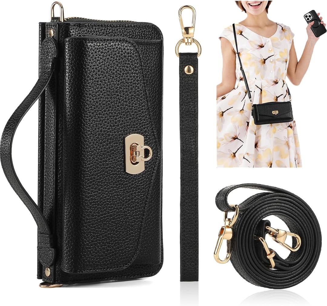 Crossbody Wallet Case for iPhone 16 Pro Max, Magnetic Detachable Floral PU Leather Phone Case with RFID Blocking Card Holder Wristlet Mirror Flip Zipper Shoulder Purse for Wome - Black B