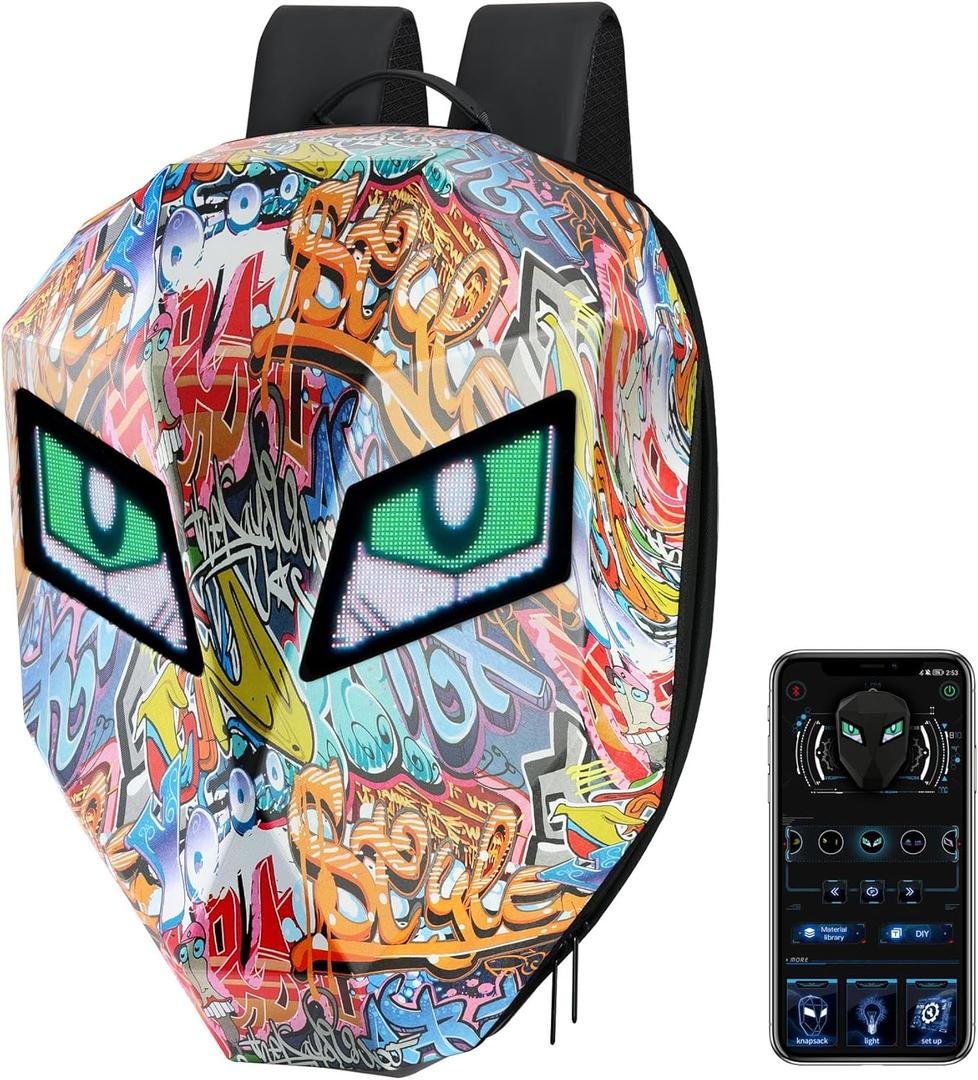 Motorcycle Backpacks for Men, LED Motorcycle Backpack With Full Color Screen, Large Capacity Laptop Backpack, Hard Shell Waterproof Helmet Bag (Graffiti)