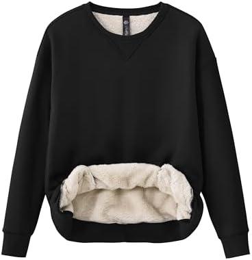 MoFiz Women's Fleece Lined Crewneck Sweatshirts Sherpa Lined Pullover Winter Warm Long Sleeve Casual Tops with Pockets, L 