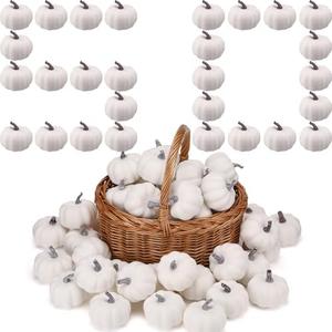 Liliful 50 Pcs 3.15 Inch Fall Artificial Pumpkins Fake Pumpkins Decor Fall Harvest Lifelike Pumpkin Bulk Foam Cushaw for Autumn Halloween Thanksgiving Table Home Kitchen Decorations (White)