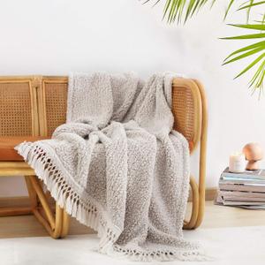 Ultra Soft Cozy Sherpa Throw Blanket with Tassel, Light Weight Warm Decorative 2 Tones Ombre Light Brown Pattern Reversible Boho Style Blanket for Sofa, Couch, Bedroom,Travel, 50x60