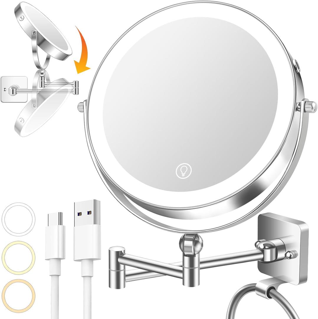 10x Large Wall Mounted Makeup Mirrror, Height Adjustable Lighted Mirror, 8" Double Sided Mirror, 1X/10X Magnifying Bathroom Mirror, 360 Rotation Adjustable, Detachable Ring, 3 Color Lights