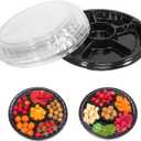 mwellewm 10 Pcs Round Plastic Appetizer Tray with Lid Divided Serving Tray, Disposable Food Storage Containers, Plastic Tray Storage, Kids Snack, Fruit Platter Vegetable Trays for Party and Buffet (13.7 x 13.7 x 2 Inch, black)