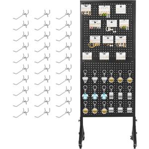 Pegboard Display Metal Pegboard Panels Rolling Pegboard Display 23.62" X 68.5" Pegboard Organizer with 30 Hooks for Garage Office Craft Room Retail Stores Vendors Selling Accessories, Black