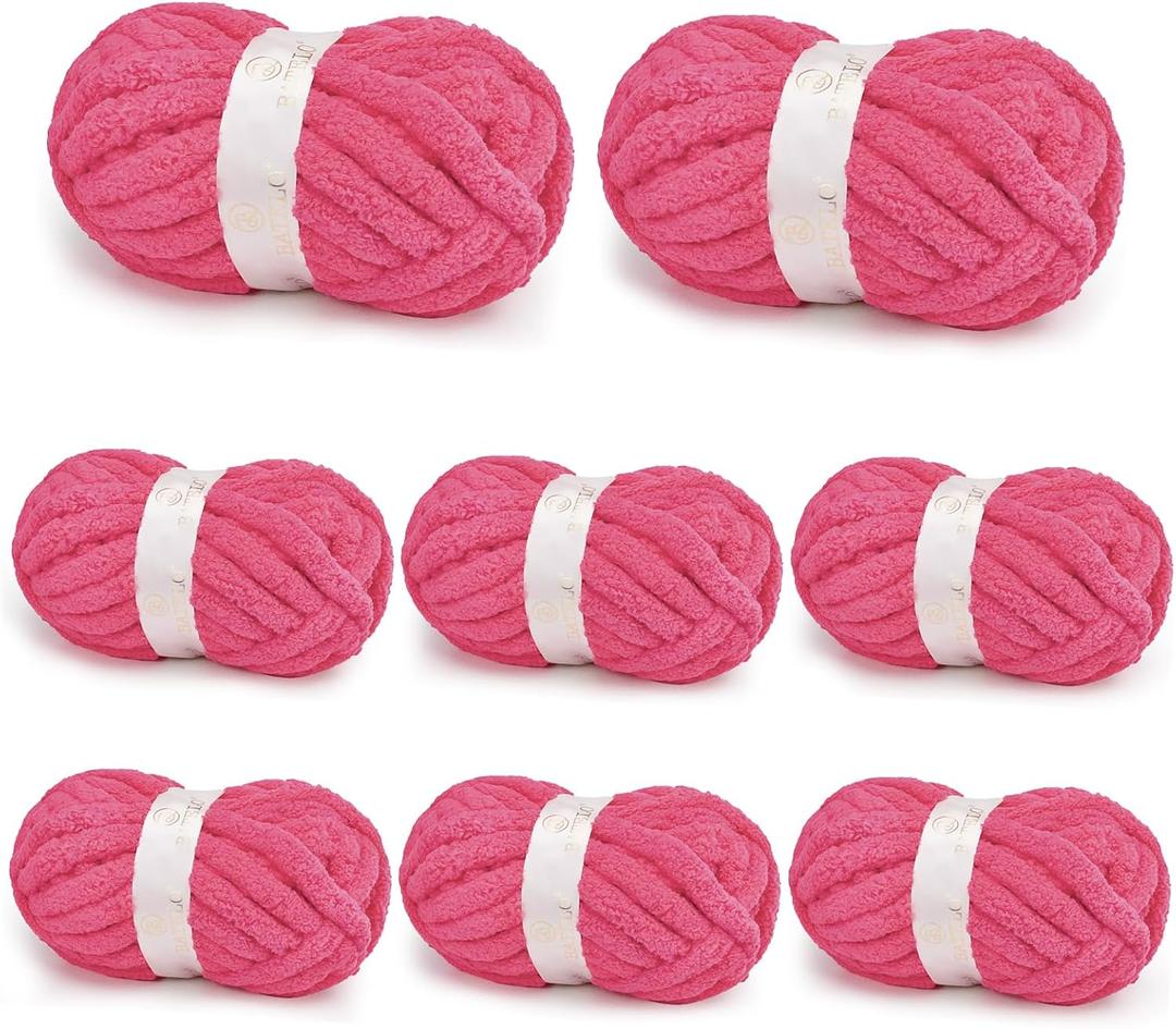 Chunky Yarn for Hand Knitting, Chunky Chenille Blanket Yarn for Crocheting, Bulky Soft Fluffy Chenille for Blanket Project, 8 Pack of 8oz/25yds, Hot Pink