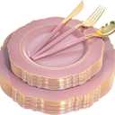 Nervure 100PCS Mauve Pink Plastic Plates With Gold Rim - Mauve and Gold Disposable Plates with Mauve Handle For Wedding & Party Serve for 20 Guests