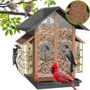FlowaFoli Bird Feeders for Outdoors, Metal Bird Feeder with Double Suet Cage Weatherproof Metal Roof, 2 in 1 Mixed Seeds Suet Feeder, 4Lbs Large Capacity, Great for FinchCardinalChickadeeBrown
