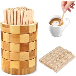 101 Pcs Coffee Stirrers Holder Set 1 Pcs Stirrers Holder 100 Pcs Disposable Stir Straws for Coffee Bar Coffee Stir Sticks For Coffee Milk Cocktail Tea Drinks Stirrer Straw Holder Home Kitchen (Grid Wood)
