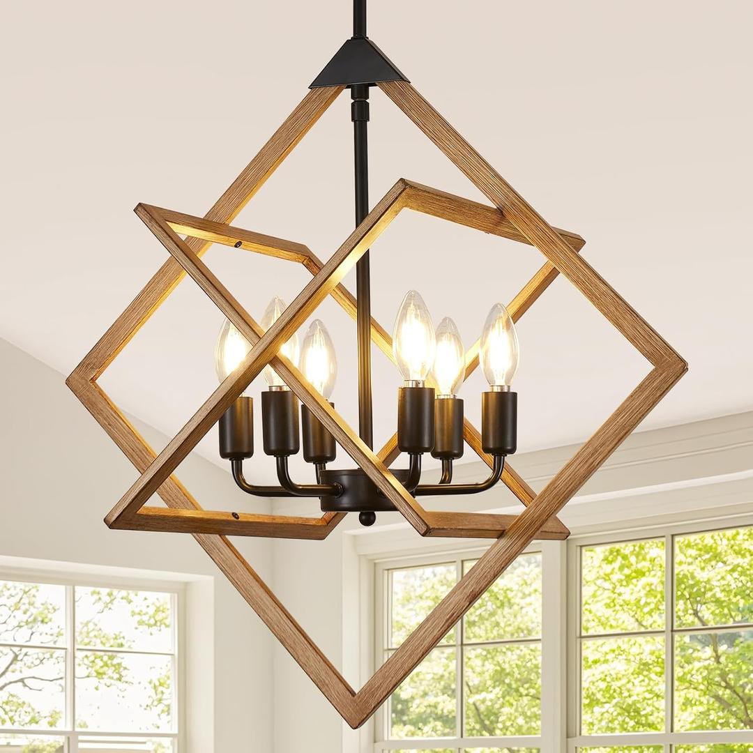 24" Modern Pendant Lights Kitchen Island, 6-Light Black + Wood Grain Farmhouse Pendant Light Fixtures, Industrial Hanging Pendant Lights Fixture for Kitchen Island Dining Room Hallway Foyer Entryway