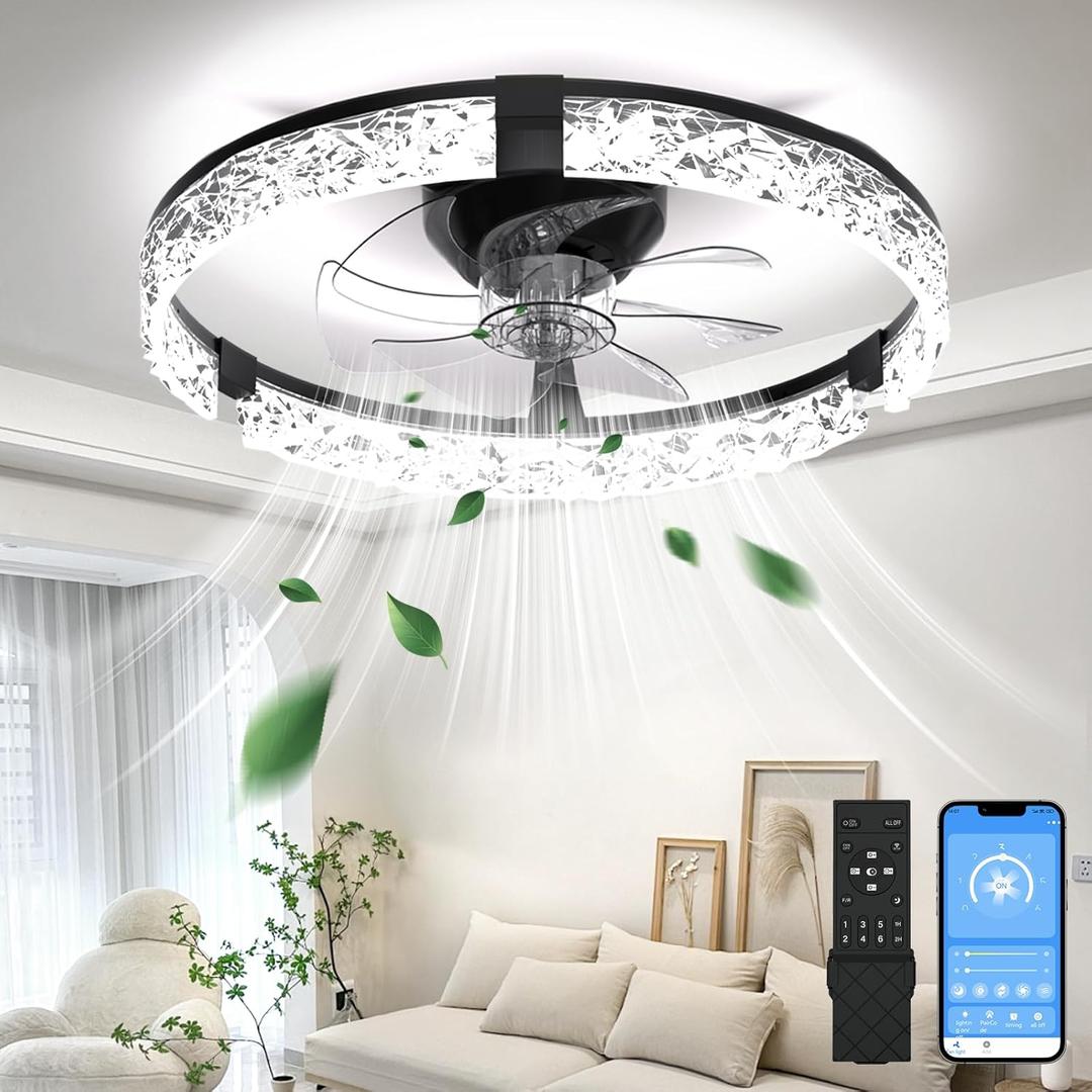 Ceiling Fans with Lights and Remote, Crystal-Edged Modern Flush Mount LED Fan Light, 6 Wind Speeds Low Profile Fandelier Ceiling Fan with Light for Bedroom, 3000-6500K Dimmable (19.7" Black)