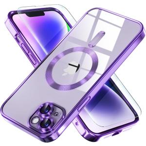 Misea Magnetic for iPhone 14 Plus Case Compatible with MagSafe [Never Yellowing] [Military Grade Drop Protection] Full Camera Lens Protector Plating Soft Clear Phone Case for Women Girls, Purple