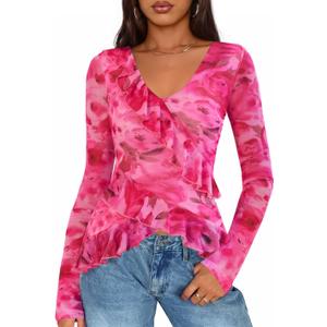 ZESICA Women's Long Sleeve Floral Shirts V Neck Going Out Ruffle Tops Blouses 2026 Fall Fashion Clothes Outfits (Large, Pink)