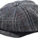 BOTVELA Men's 8 Panel Wool Blend Newsboy Flat Cap Herringbone Tweed Hat (7 5/8, Plaid Grey)
