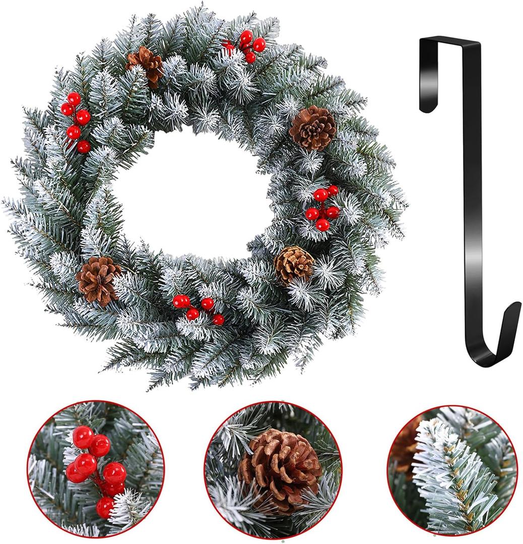 Christmas Wreath, Xmas Wreath for Front Door with Hanger, Christmas Decor with Artificial Red Berry Pine Cone Spruce, Artificial Wreath Christmas Decorations for Indoor Outdoor (Green-3, 30cm)