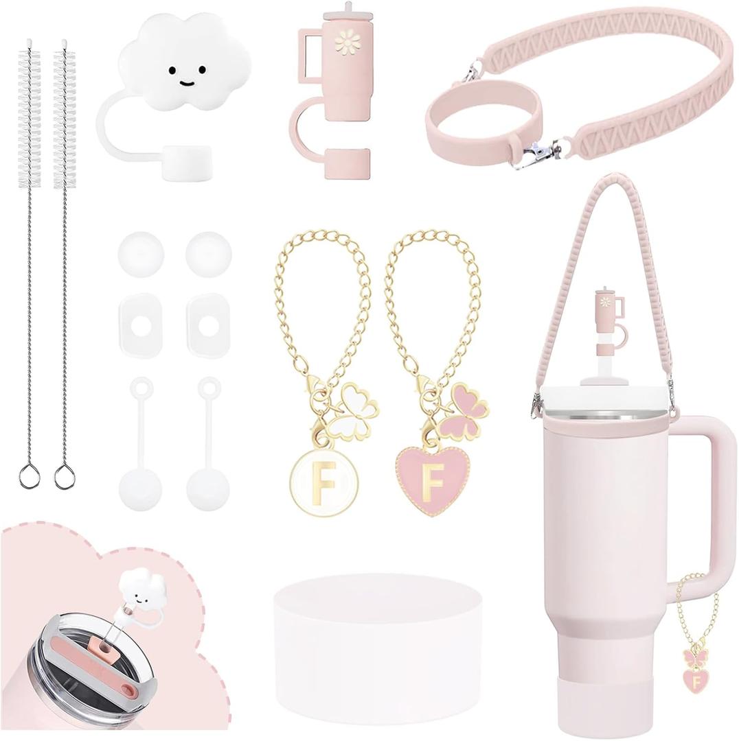 10Pcs Stanley Cup Accessories 9-10mm Stanley Straw Cover Topper Silicone Boot For Stanley Cup Initial Letter Charm Leak Proof Seal Kit Stanley 2.0 30&40oz (Rose Quartz,F)