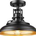 FEMILA Industrial Semi Flush Mount Ceiling Light, Outdoor Flush Mount Porch Light in Matte Black & Gold, 12" Farmhouse Front Porch Ceiling Lighting Fixture for Entryway, Hallway, Kitchen, 4FY15-F BK-1