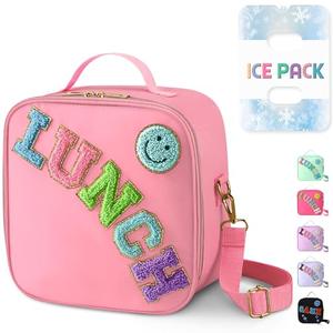 Reusable Insulated Lunch Bag for Kids Teens & Adults with Adjustable Shoulder Strap - Large Durable Lunch Bag Tote for School Travel Picnic Work - Leakproof Smiley Design Lunch Carrier (Pink-Smiley)
