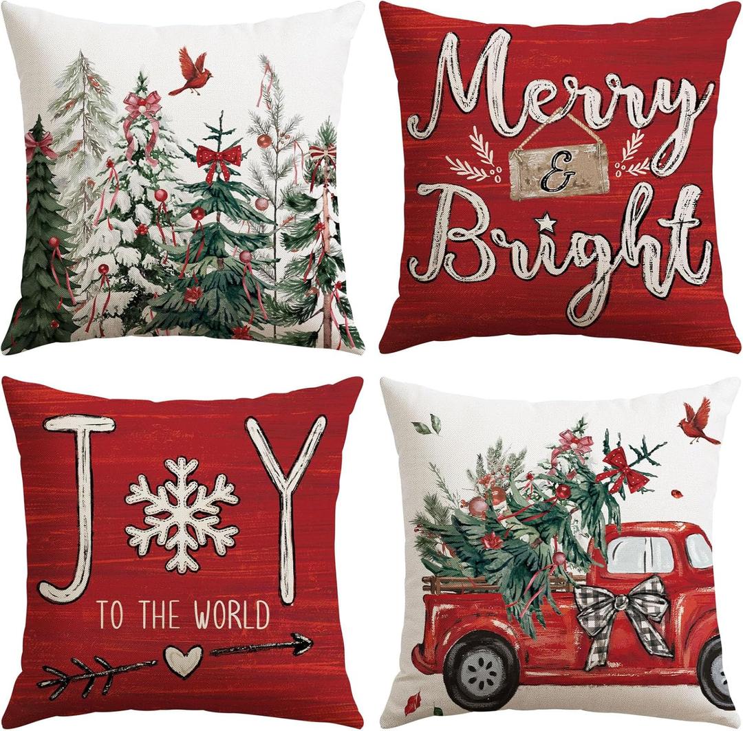 OTOSTAR Red Christmas Pillow Covers 18x18 Inch Set of 4 Xmas Tree Truck Decorations Joy Throw Pillow Covers Winter Holiday Decor Cushion Cases for Bed Home Couch (Truck Red)