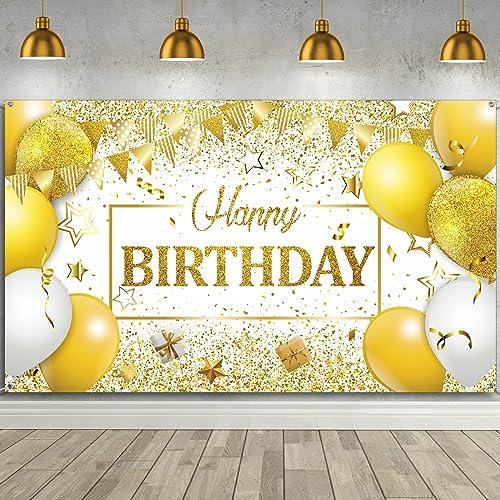 Tatuo Happy Birthday Decorations Backdrop Banner, Glitter Birthday Backdrop Sign Poster Party Supplies Photo Background for Men Women, 72.8 x 43.3 Inch(White and Gold)