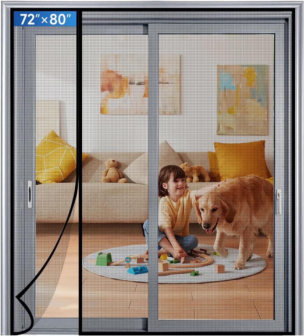 Magnetic Screen Door Mesh Left Right Side Opening Upgraded PET Material Mesh Stronger Than Fiberglass and Polyester,Keep Bugs Out,Pet & Kid Friendly Screen Size 74'' X 82'' (Black)