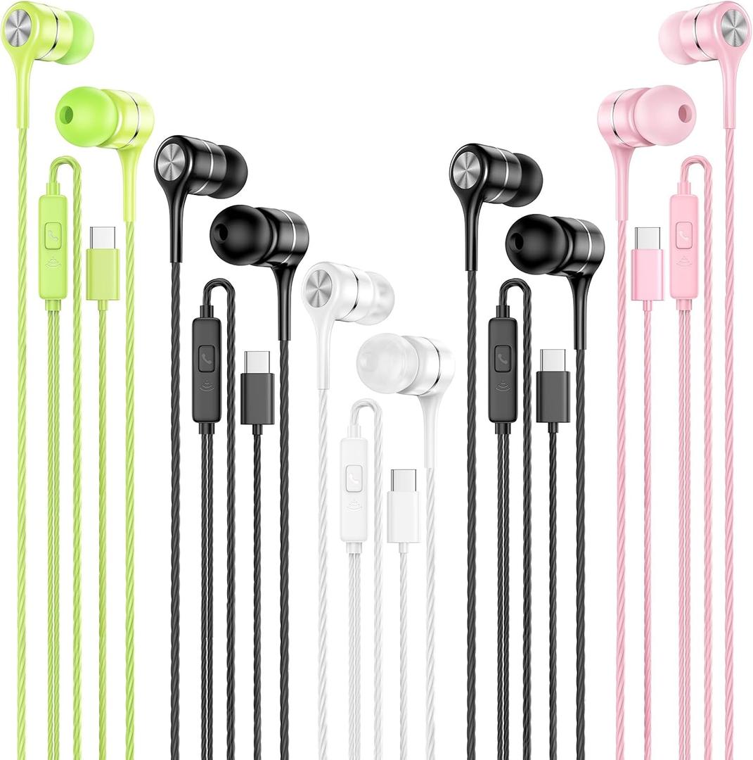 USB C Earbuds with Microphone 5 Pack, in-Ear Wired Headphones with Noise Isolating, Type C Earphone Heavy Bass Stereo Headsets Compatible with iPad, Android Smartphones, for Most USB-C Devices