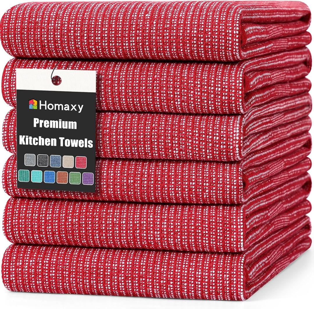 Homaxy Premium Kitchen Towels(18x 28, 6 Pack), Large Cotton Kitchen Hand Towels, Flat and Terry Dish Towels, 380 GSM Highly Absorbent Tea Towel Set with Hanging Loop, Red