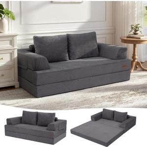 COMAX Convertible Sofa Bed, Folding Floor Couch Corduroy Fold Out Couch Bed Futon Sleeper Mattress with Pillows, Boneless Sofa Comfy Lounge Loveseat for Living Room Bedroom, Grey (Standard (59"))