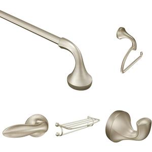 Bundle of Moen Eva Brushed Nickel 18" Wall-Mounted Single-Towel Bar, YB2818BN, Robe Hook, YB2803BN, Single Post Toilet Paper Holder, YB2808BN, 26" Wide Towel Shelf, YB2894BN, and Tank Lever, YB2801BN