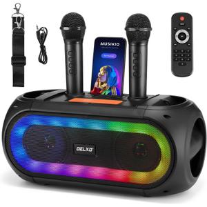 Delxo Karaoke Machine with 2 Wireless Microphones for Adult, Powerful Portable Bluetooth Speaker Loud for Party, PA System Remote Singing Machine with LED Lights, Support BT TWS USB TF, Gift