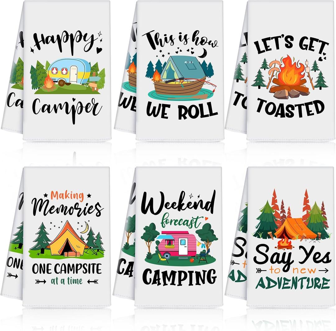 Zubebe Set of 6 Camping Kitchen Towels White Bonfire Tent Car Dishcloth Tea Towels 28 x 18 Inches with Funny Sayings Hand Dish Towel Farmhouse Novelty Gift for Rv Campers