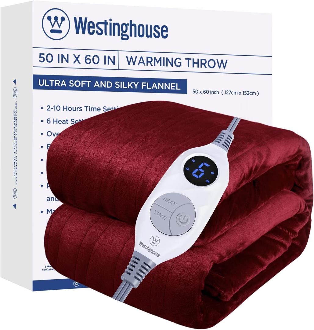 Westinghouse Electric Blanket Heated Throw, Super Cozy Soft Flannel 50"" x 60"" Heated Throw with 6 Fast Heating Levels & 2-10 Auto-Off, Machine Washable, ETL&FCC Certification, Home Office Use, Red