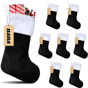 8 Set 18 Inch Black Christmas Stocking Personalized Name Tags Thick Plush Fabric Hanging Stockings Unfinished Wood Tags for Xmas Holiday Party Tree Fireplace (Black, White)
