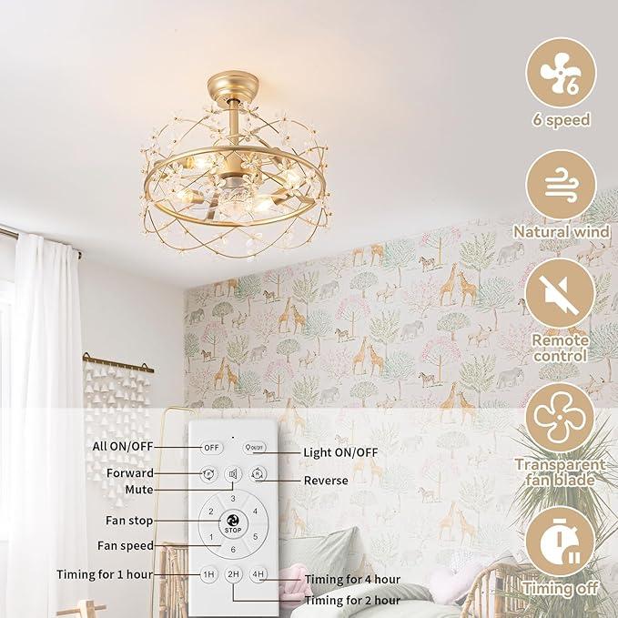 20 Inch Gold Caged Ceiling Fan with Light, Flower Chandelier Ceiling Fan with Lights Remote Control, Modern Crystal Fandelier 6 Speeds for Girl's Bedroom, Living Room