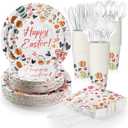 FoldTier 350 Pcs Easter Plates and Napkins Set Include 100 Egg Paper Plates 50 Cups 50 Napkins 50 Sets Cutlery Easter Party Supplies Disposable Tableware for Table Decoration, Serve 50 Guests