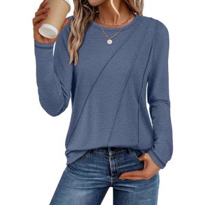 ATHMILE Womens Long Sleeve Shirts Pleated Crew Neck Casual Fall Fashion Ladie Tops Loose Fit Spring Basic Clothes Trendy, L (Blue)