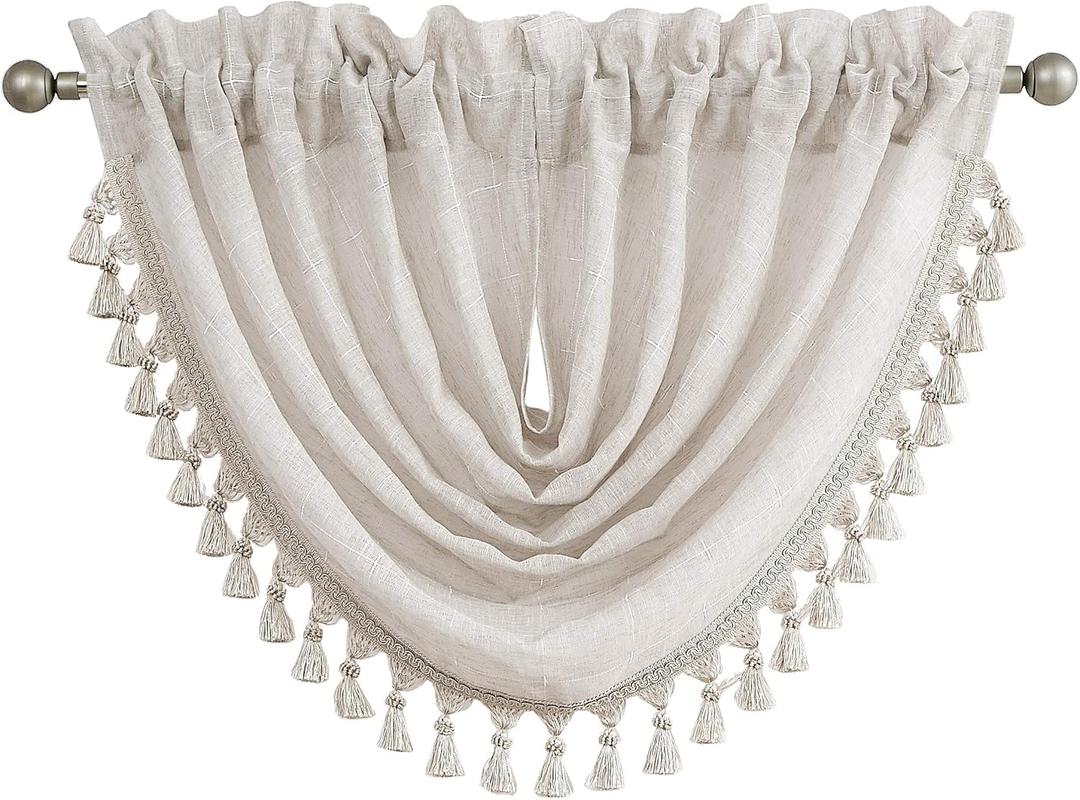 Central Park Linen Waterfall Valance Window Curtain Linen Texture White GEO Embroidery Rod Pocket for Living and Bedroom Semi Sheer Kitchen Curtain, 56"x38", 1 Piece Linen (Embroidered) Central Park Linen Waterfall Valance Window Curtain Linen Texture White GEO Embroidery Rod Pocket for Living and Bedroom Semi Sheer Kitchen Curtain, 56"x38", 1 Piece Linen (Embroidered)