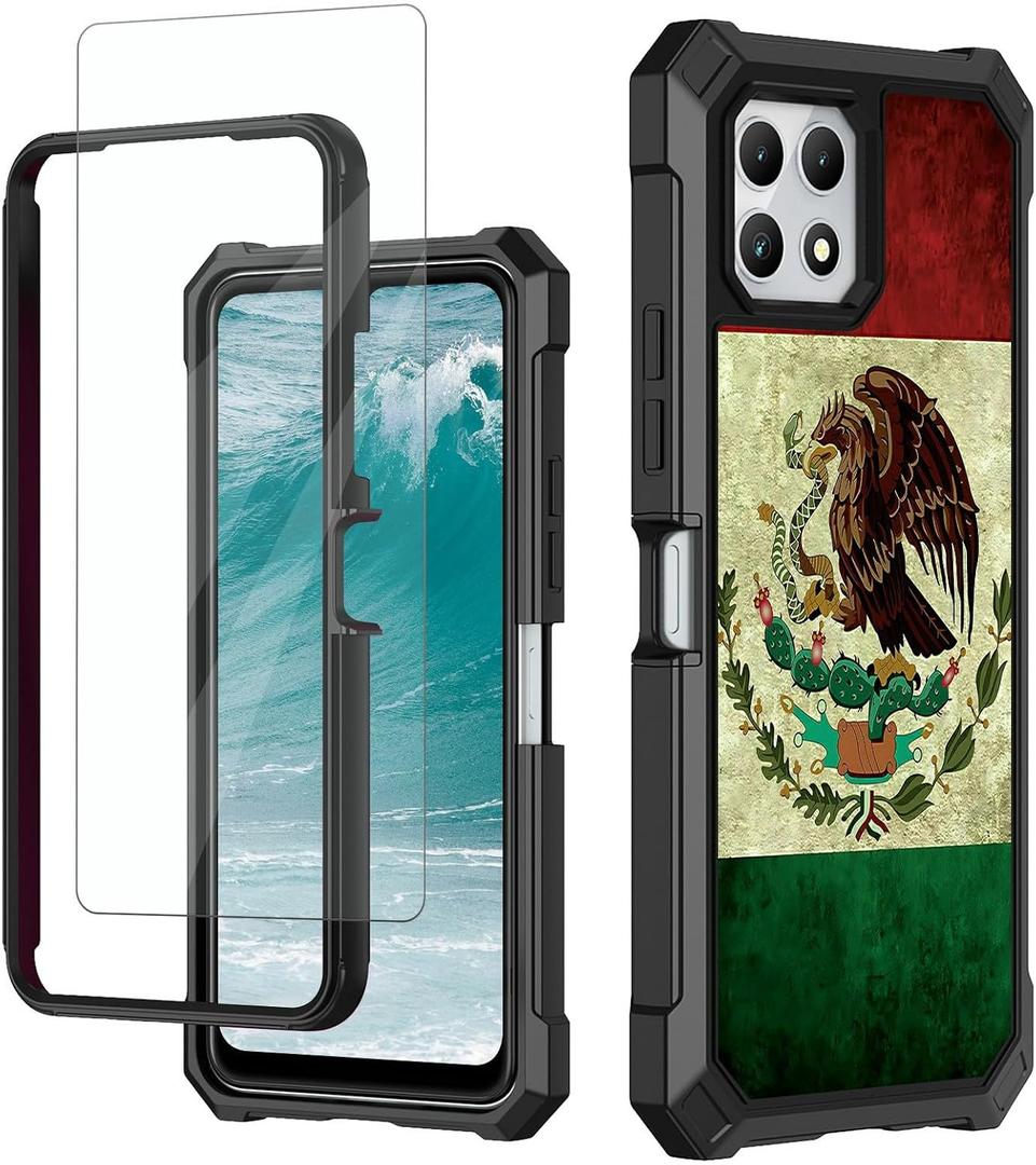 Rossy for T-Mobile REVVL 7 5G Phone Case with Tempered Glass Screen Protector Heavy Duty Shockproof Dual Layer Soft TPU Hard PC Shookproof Protective Case for Revvl 7 5G,Mexico Mexican Vintage Flag