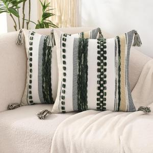 Tosleo Dark Green Throw Pillow Covers 18x18 Inch Set of 2 with Tassels Boho Chenille Striped Pillow Covers Square Decorative Pillowcases for Sofa Couch Bed Living Room Farmhouse Decor
