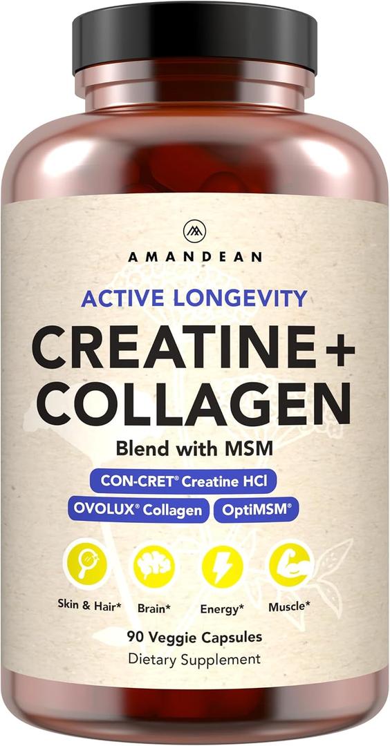 AMANDEAN Creatine HCl + Collagen + MSM Capsules, CON-CRET & OptiMSM, 90ct, Expiry: 04/2029