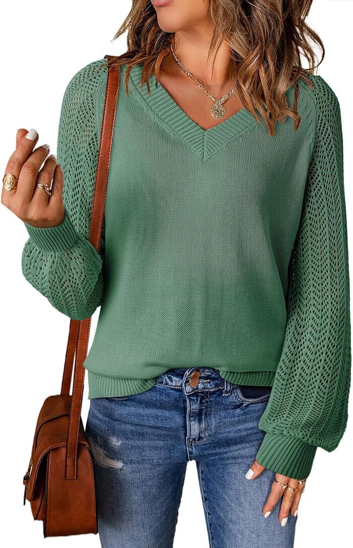 Dokotoo Women's Casual V-Neck Long Sleeve Sweaters Solid Color Pullover Knit Sweater Jumper Tops