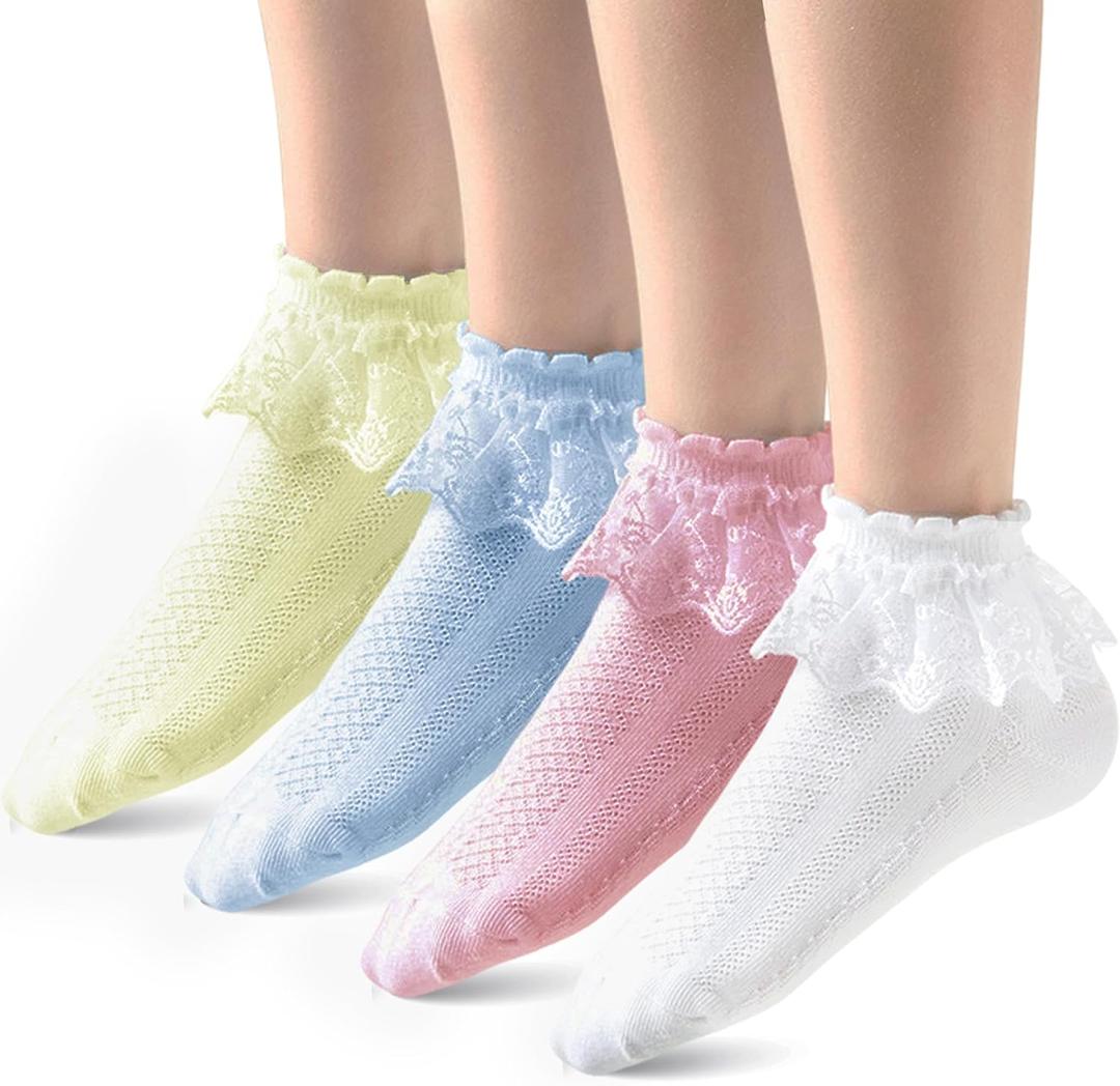 4 Pairs Crew Socks Ruffle - Fancy White Socks Cute For Women, White/Yellow/Blue/Pink
