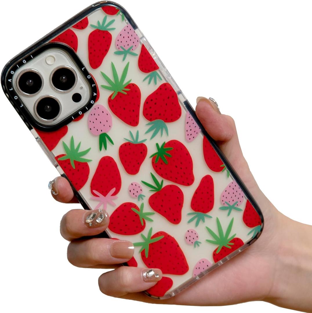for iPhone 16 Pro Case for Women, Cute Pink Strawberry Fruit Print Girly Design Kawaii Aesthetic Cartoon Pattern for Girls Teens Soft TPU Case Cover for iPhone, (6.3")