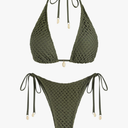 ZAFUL Women's Triangle Bikini Multiway Fishnet Tie Side Bandeau Halter String Bikini Set Two Piece Swimsuit Bathing Suits, L